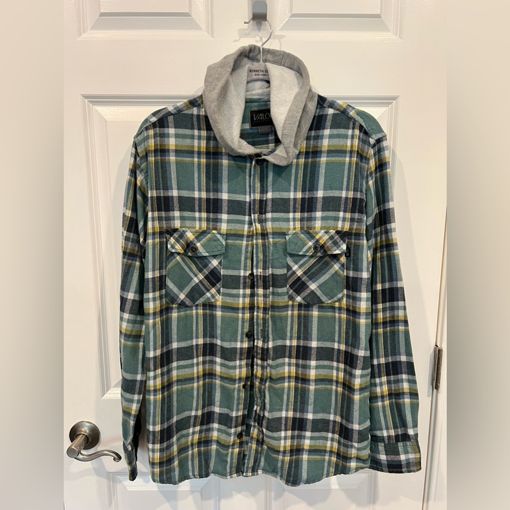 Valor Hooded Flannel Jacket Men Size Medium Blue Green Teal Pockets Hood Button